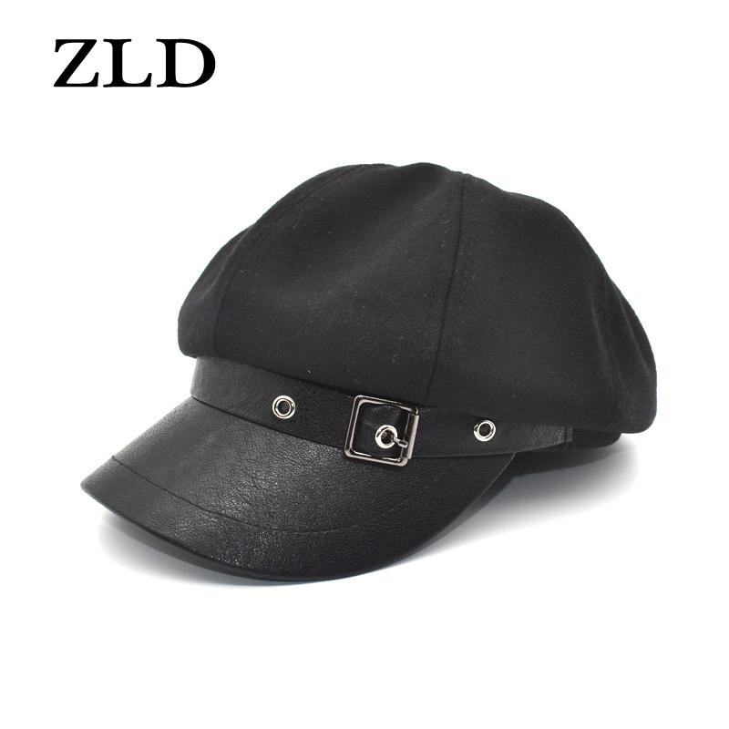 

ZLD New fashion autumn winter women Berets hat Belt buckle decoration Octagonal hats Casual ladies warm cap outdoor men caps, Black