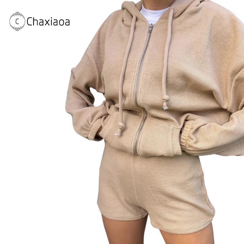 

CHAXIAOA Fashion Sexy Corduroy Long Sleeve Hooded Zipper Hoodie Shorts Set Solid Color 2 Piece Set Women Moto Biker Suits X3821, Khaki