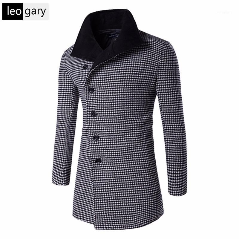 

2017 Autumn Winter Fashion Men's Coats Thousand Birds Pattern Hit Color Collar Men Medium-long Woolen Coat Outerwear1, Black