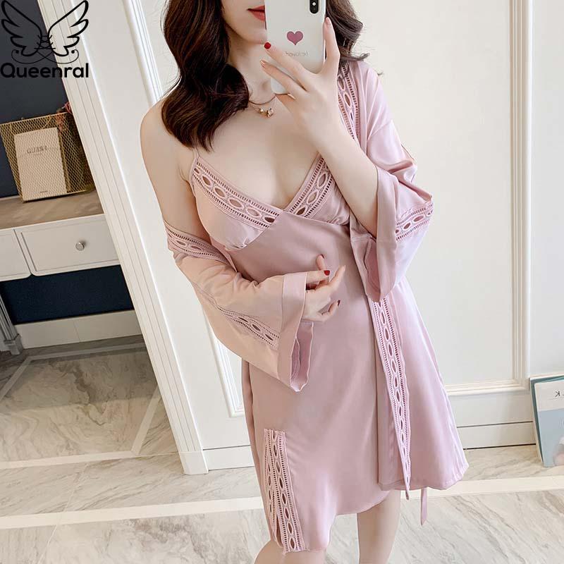 

Queenral 2Pcs Women Robe Gown Sets Silk Stain Pajamas Hollow Out Sexy lace pyjamas Home Wear Night Dress with Chest Pads, White