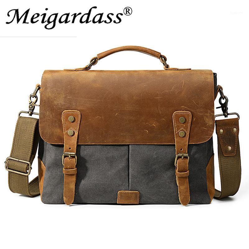 

MEIGARDASS Business Canvas Genuine Leather Briefcase Men's Handbags Totes Office Laptop Messenger Bags For Men Shoulder Bag1, Green