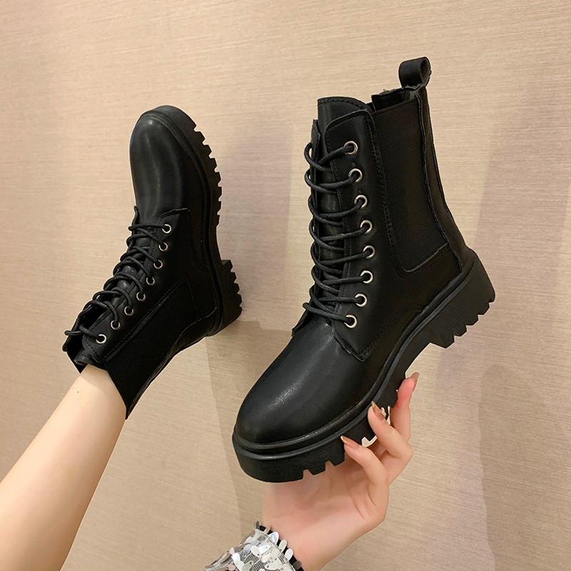

Rock Shoes Woman Lace Up Boots Booties Ladies Winter Footwear Flat Heel Boots-women Round Toe Large Size Rubber Med 2021 Autumn