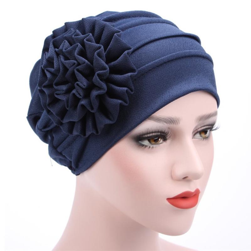 

Women Stylish Leisure Elegant Lovely Solid Cotton Polyerter Big Flower Pattern Turban Hat Chemo Hair Loss Cap Bonnet, Black