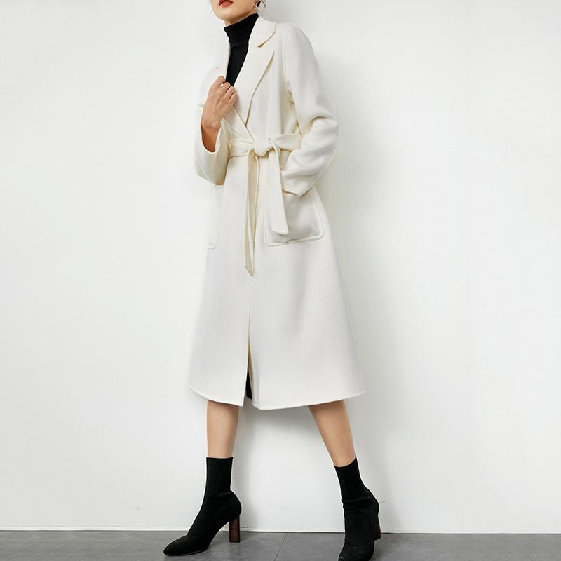

New Elegant White Color XXL Thicken Sashes Medium Long Wool Blends Coats Women Thread Ladies Winter Warm Outwear Female Overcoat