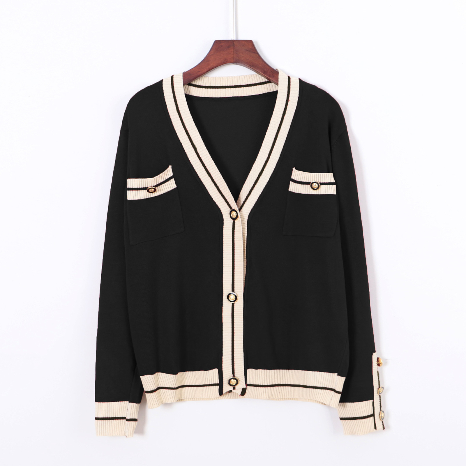 

2021 New Spring Summer Women Cardigan Sweater Striped Fashion Knitted Outwear Coat v Neck Open Cardigans Ribbed Female Sweatertop Co81, Black