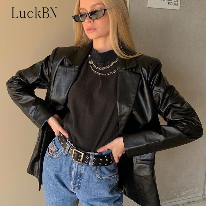 

Loose Notched Black PU Blazers Women Fashion Faux Leather Jackets Women Elegant Single Button Breasted Suits Female Ladies 2020