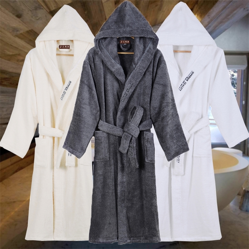 

High Quality Men's Robe Hooded Winter Bathrobe Male Long Thick Warm Terry Fleece Towel Dressing Gown Couple Home Bath Robes 201109, Beige