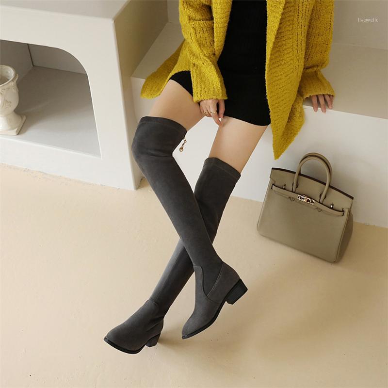 

2020 Ladies Shoes Square Low Heel Women Over The Knee Boots Suede Round Toe Sexy Female long Boots Party shoes Botas mujer 33-411, Brown