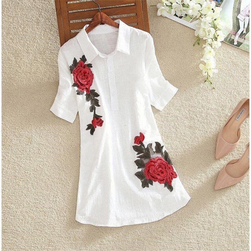 

Women Spring Summer Style Embroidery Blouses Shirts Lady Casual Short Sleeve Turn-down Collar blusas Tops ZZ0556