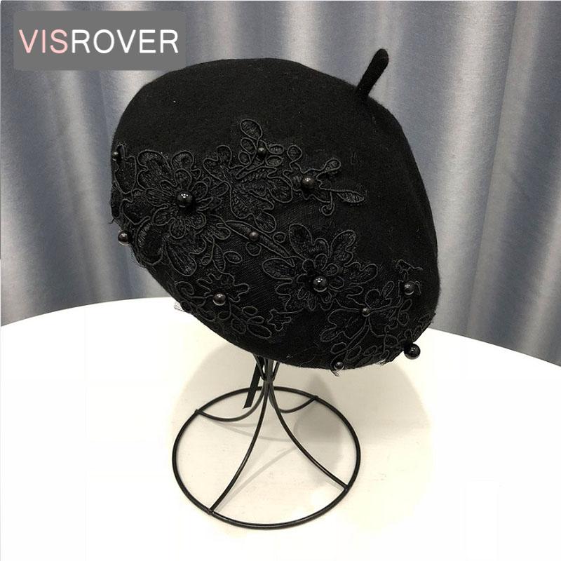 

VISROVER 9 colors Autumn winter solid color wool beret with lace female wool cap winter autumn spring hat solid top quality gift