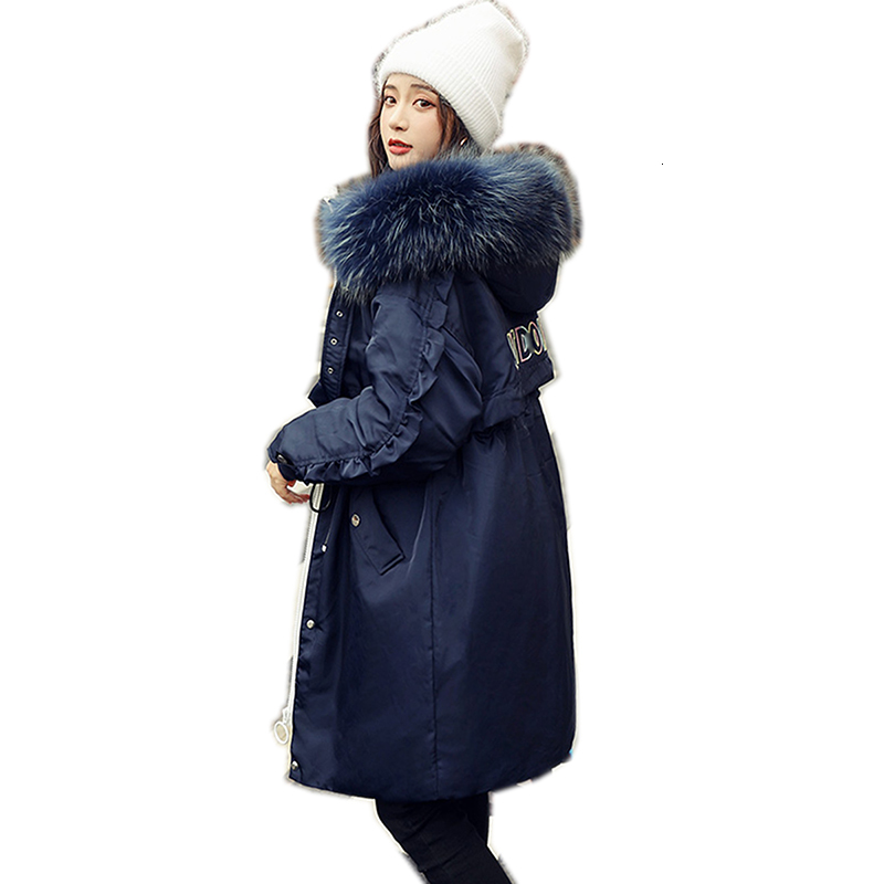 

2021 New High Quality Winter Women's Jacket Big Leather Collar with Hood 90% White Duck Down Female Warm Coat Snow Outerwear 0FOJ, Navy blue.