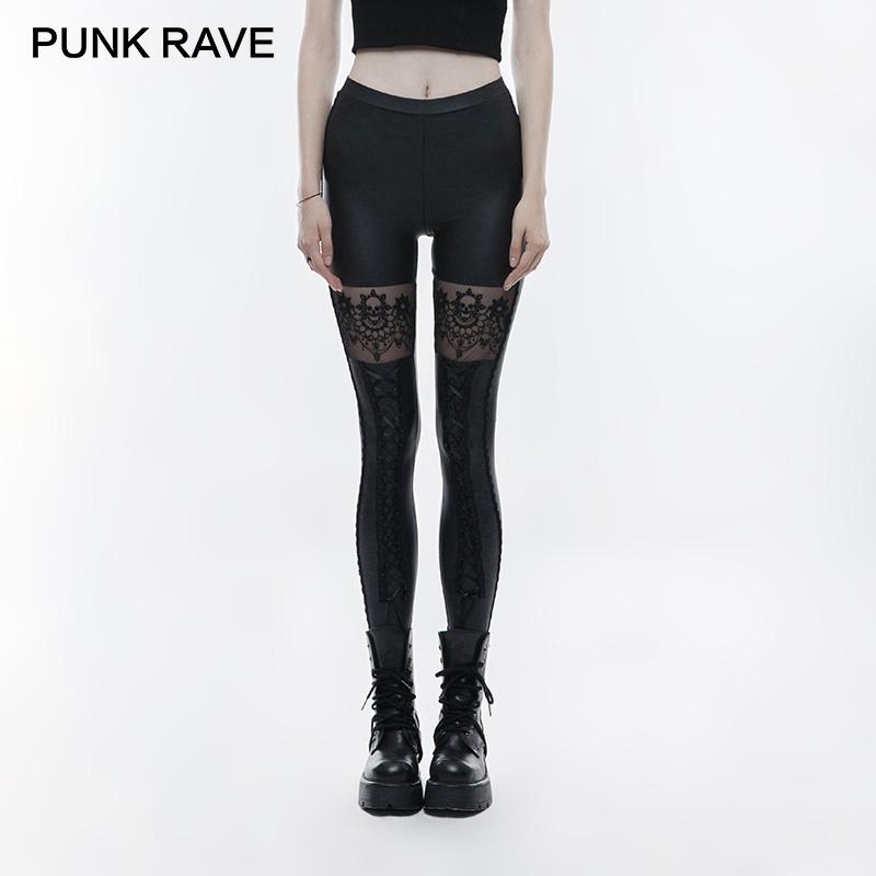 

PUNKRAVE Women's Goth Skull Mesh Embroidered Leggings Daily Casual Elastic Knitted Fabric Skinny Leggings, Black