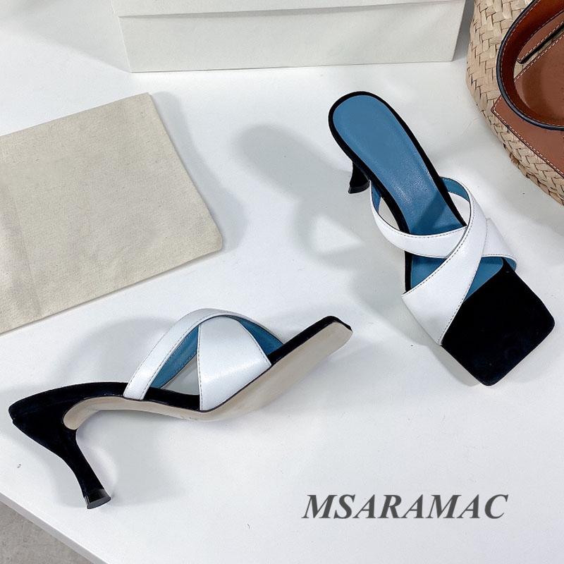 

Fashion cross belt high heel slippers leather square toe women outdoor slippers summer street ladies party shoes, Black