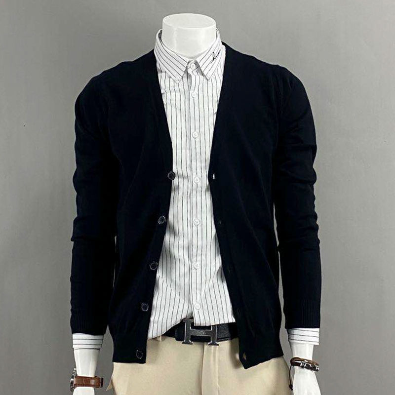

2021 New Autumn Solid Cardigan Male Fashion Thread Thin Coat Long Neck Sweater KTC3, White;black