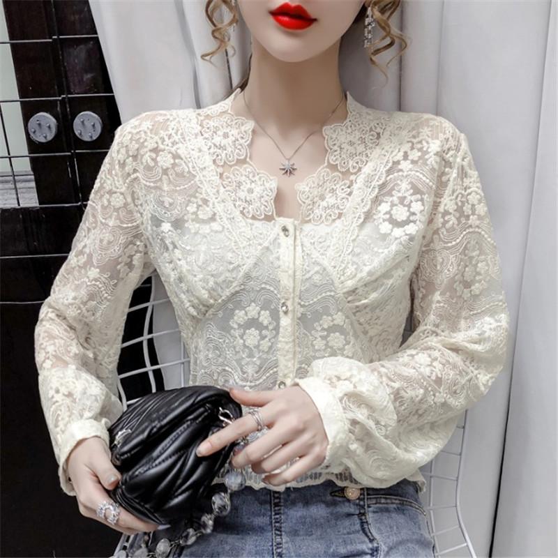 

New Spring Autumn Women Hollow Out Mesh Blouse Slim V-Neck Floral Embroidery Lace Shirts Female Puff Sleeve Blouses Tops AB1992, Black