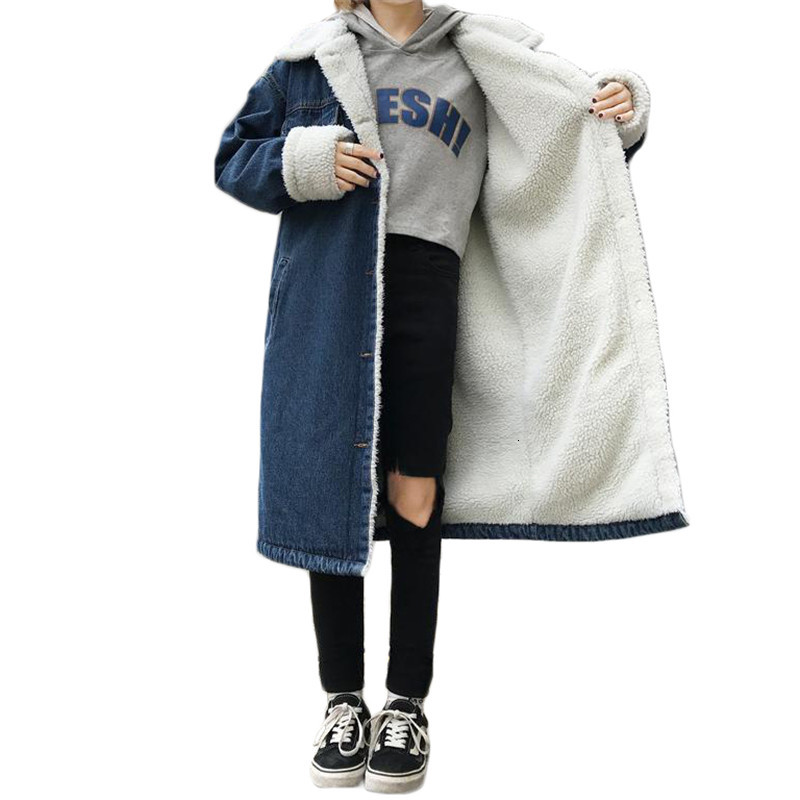 

2021 New Denim dark blue coat plus size add cashmere white New winter wide Korean hot female jackets hj072