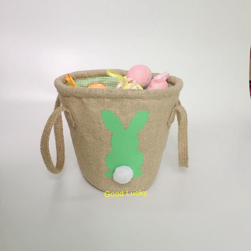 

10pcs/lot 4 colors hot selling mixed burlap easter bucket with pom balls Good quality easter basket bag