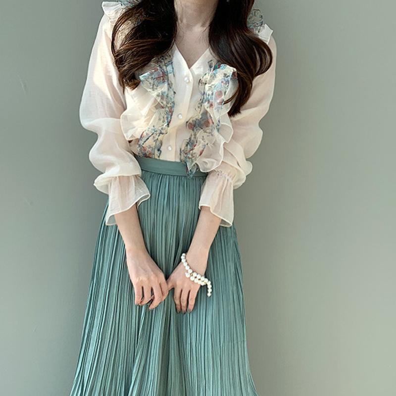 

COIGARSAM French Style Ruffles Shirt Womens tops Floral Print Chiffon V-Neck Women shirts Pink Blue Apricot 2053