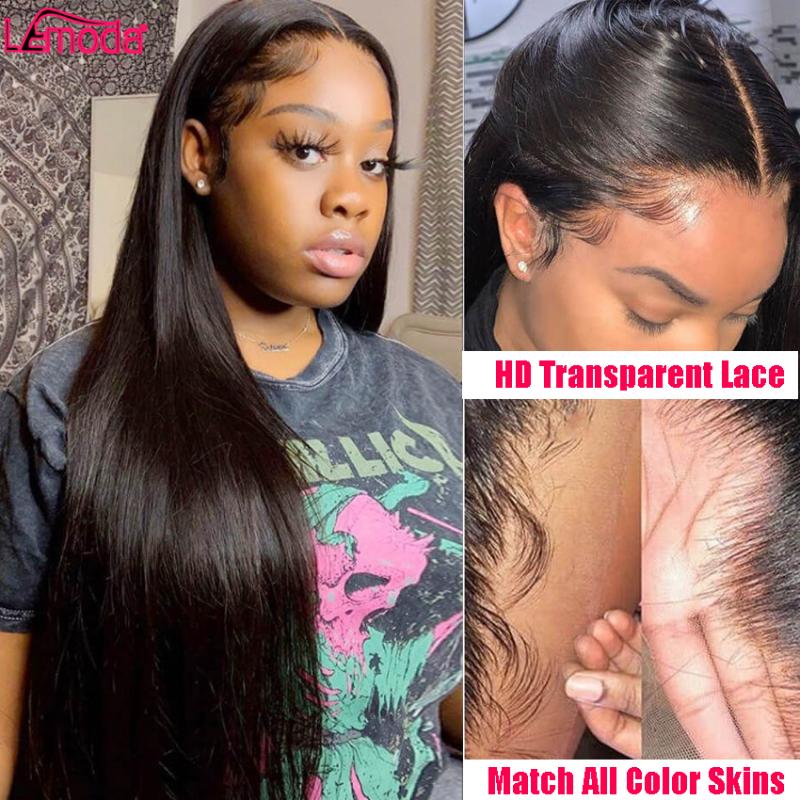 

30 Inch Straight Lace Front Wig HD Transparent Lace Frontal Wig Human Hair Remy Brazilian Lemoda Preplucked 13x5 Front, As pic