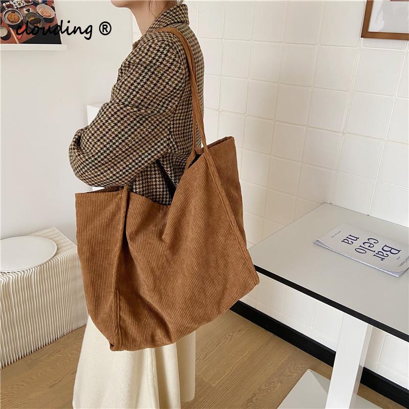 

Corduroy Women's Shoulder Bag Multicolor Large Capacity Handbag Student Shopping Tote Travel Bag Wholesale for Ladies, White