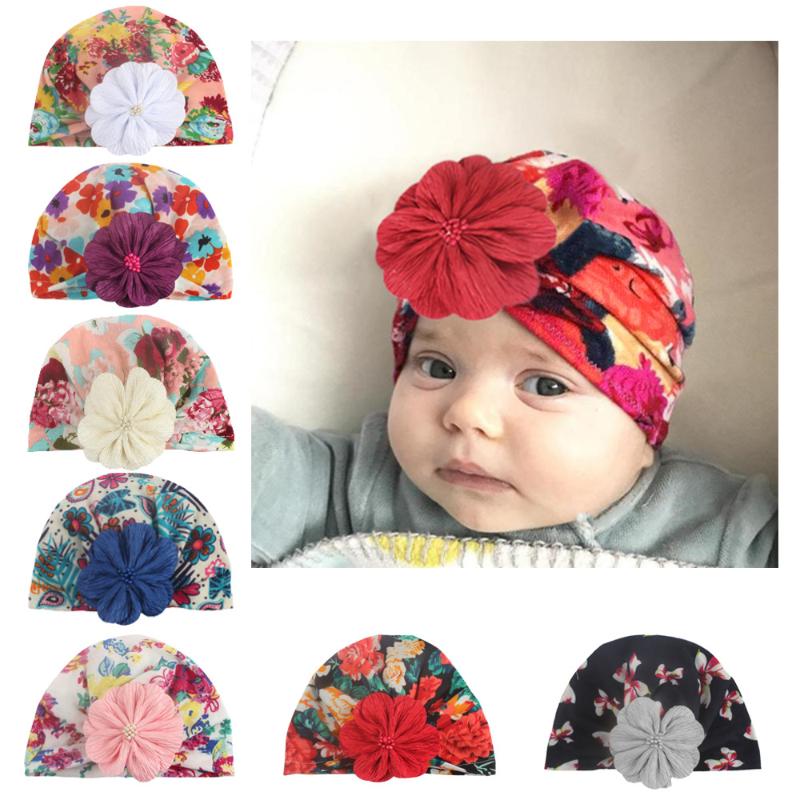 

New Bohemian Baby Turban Hat with Fabric Flowers Cotton Blend Newborn Beanie Kids Photo Props Baby Shower Gift Birthday Hat