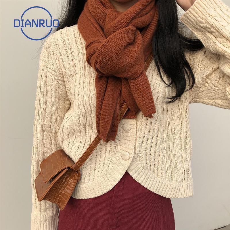 

DIANRUO 2021 Simple Women Solid Scarves Lady Winter Thicken Warm Soft Shawls Wraps Pink Black Knitted Long Scarf R6071