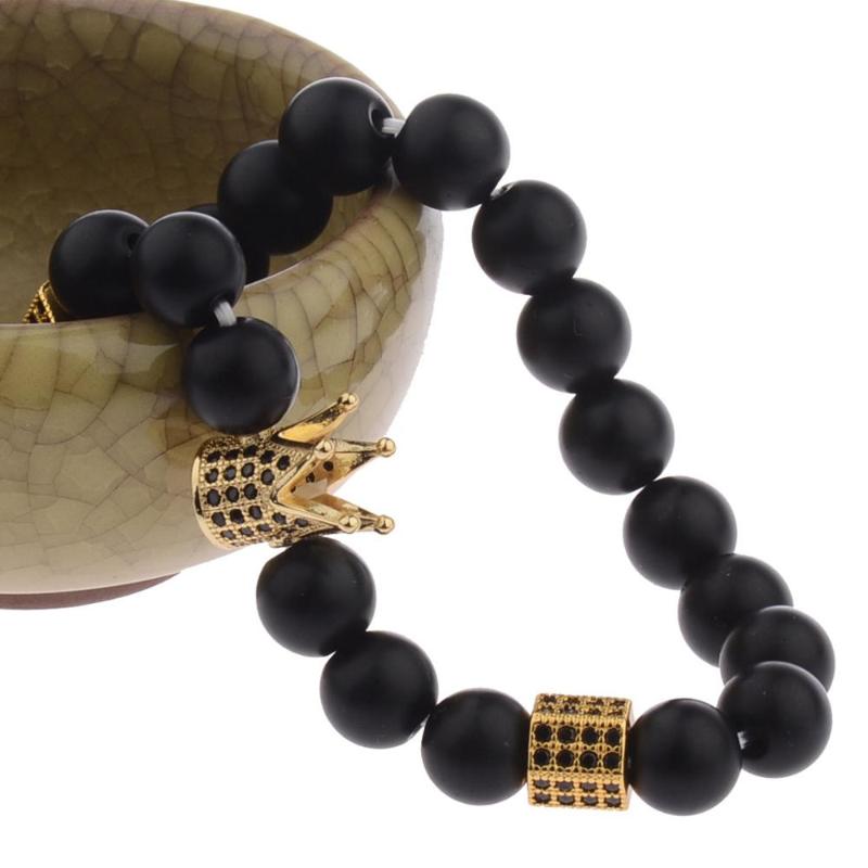 

Men's Fashion Black Natural Frosted Stone Beaded Bracelet Gold Color Silver Color Crown Zircon Beaded Decorative Bracelet