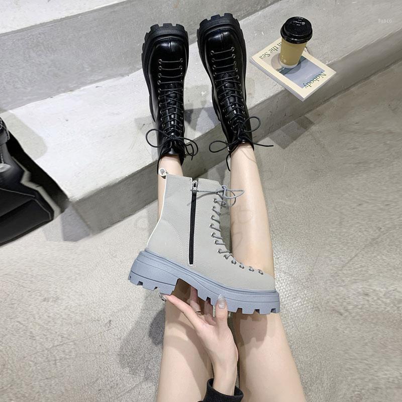 

Rock Shoes Woman Boots-Women Flat Heel Luxury Designer Zipper 2021 Fashion Autumn Ankle Rubber Lolita Ladies High Heel Cotton1