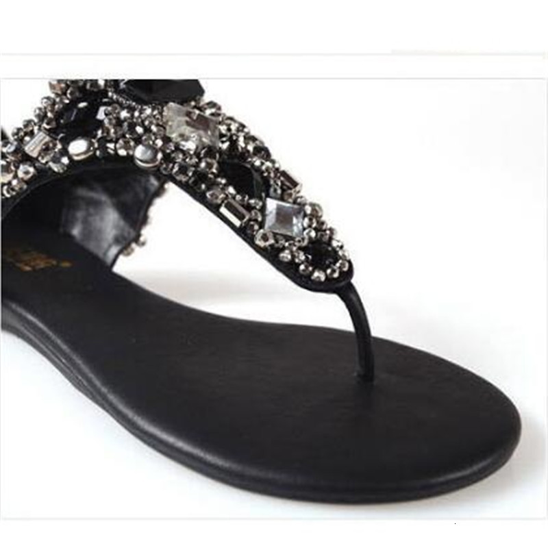 

2021 New Bohemian Ethnic Style Casual Comfortable Sandals Flat Women's Crystal Classic Cord Clip Toe Beach Shoes Mujer 9LHI, Black
