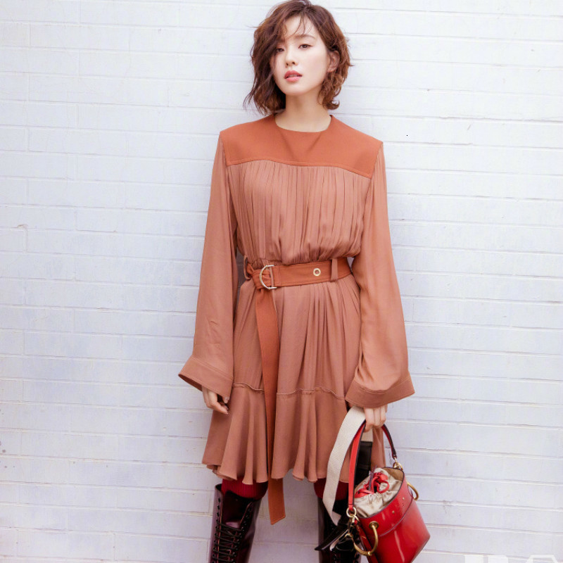 

of the New High Street Women Dressed Belt Autumn Female Meade Long Elegant Single Party Dress Full Sleeved Fashion Mkyl, Coral red
