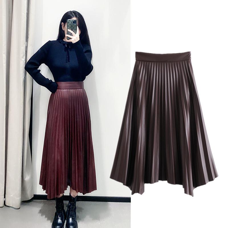 

european and american women's clothing 2020Autumn Faux leather pleated skirt, Fuchsia