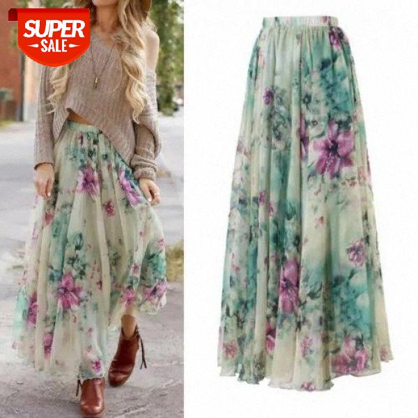 

Meihuida 2020 Fashion New Chiffon Boho Women's Floral Long Maxi Full Skirt Sun Skirts Ladies Holiday Summer Faldas De Mujer #hL5g, White;black