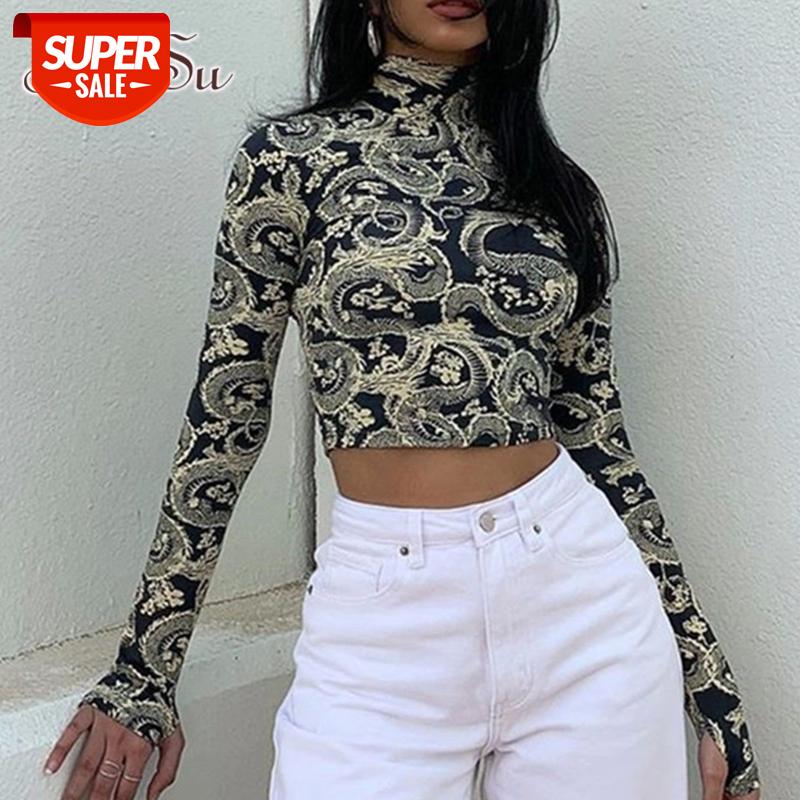 

ArtSu Dragon Print Fashion Bodycon Tshirt Women Animal Streetwear Autumn Crop Top Turtleneck Skinny Tee Shirts Casual TS52490 #aB4u, White