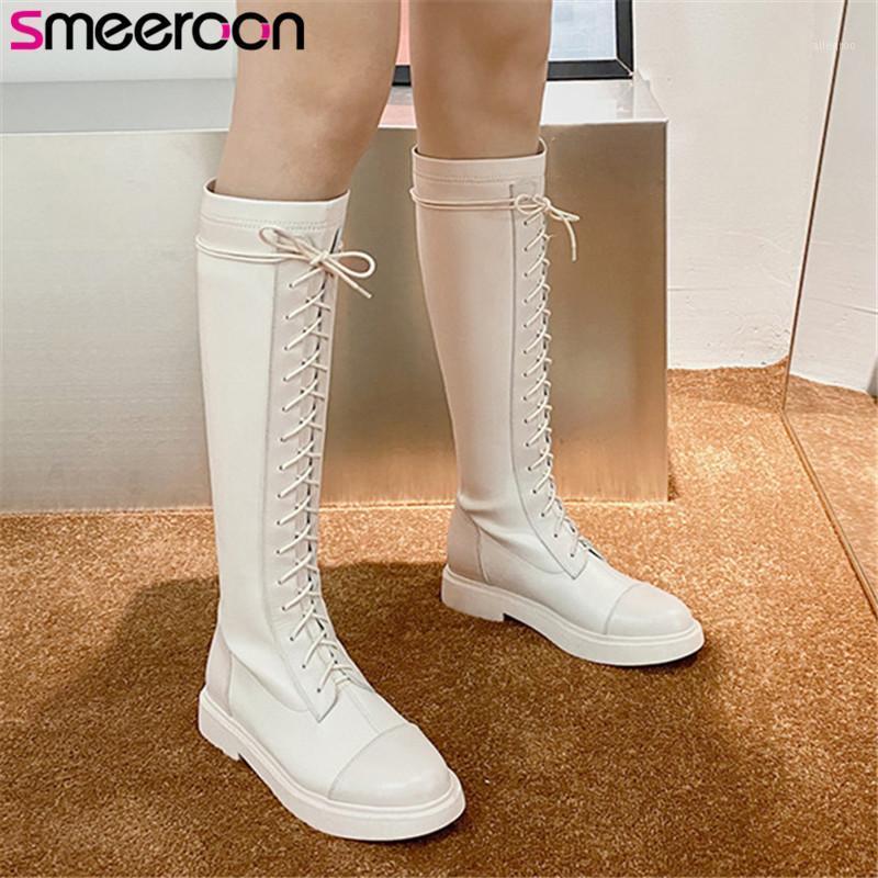 

Smeeroon 2021 New Arrive Knee High Boots Women Riding Boots Quality Genuine Leather +Pu Low Heel Casual Shoes Ladies White1, Beige with fur