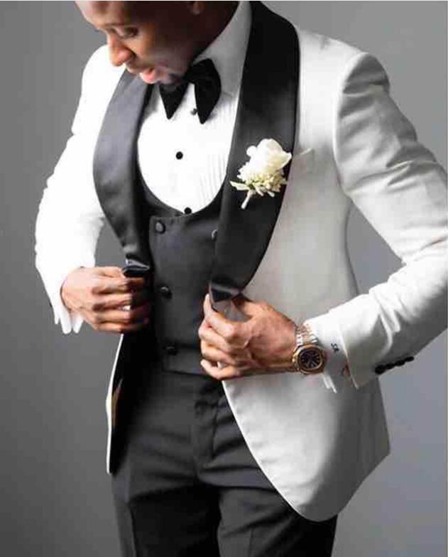 

White Shawl Lapel White Groom Tuxedos Wedding Suits for Men 3 Pieces (Jacket+Pants+vest+Bowties) Groomsman Suits Custom Made, 002