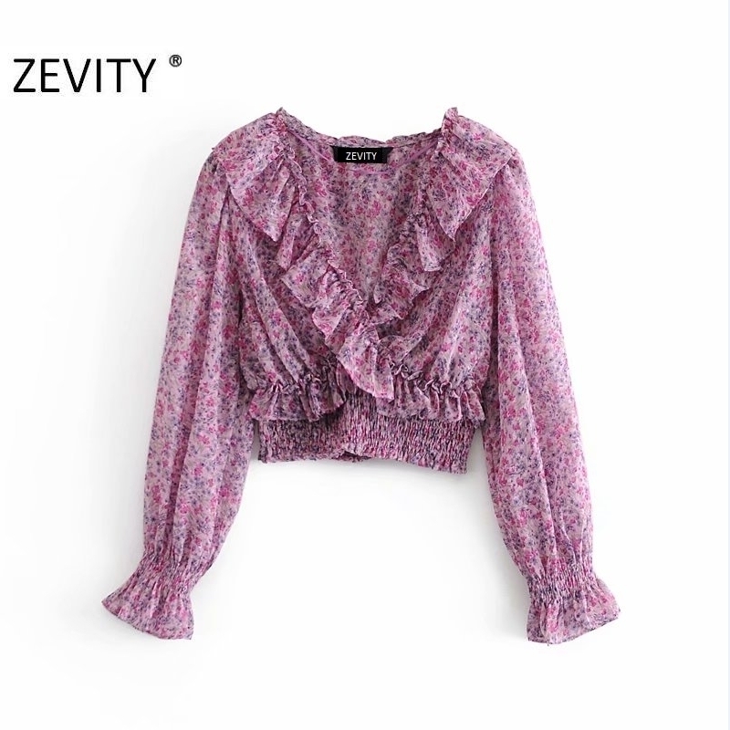 

ZEVITY women fashion cascading ruffle floral print casual smock blouse shirts women chic hem elastic chiffon blusas tops LS7251 201201, As pic ls7251hh