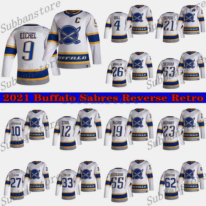 

Buffalo Sabres 2021 Reverse Retro Jersey 4 Taylor Hall 9 Jack Eichel 26 Rasmus Dahlin 53 Jeff Skinner 55 Ristolainen Hockey Jerseys, White