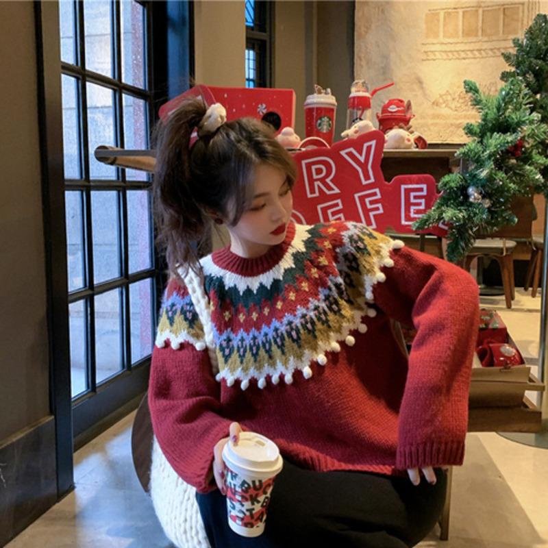 

Winter Clothes Red Christmas Sweater Pullover Women Long Sleeve New Korean Style Loose Knitted Sweaters Top Coat Femme 2020