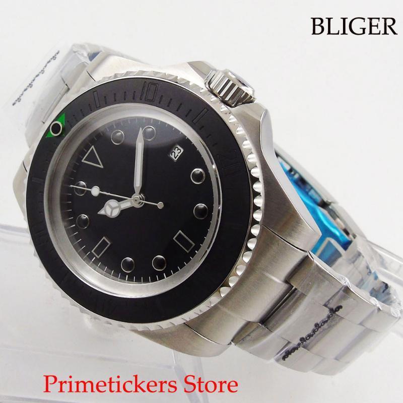 

BLIGER 44mm black dial luminous marks stainless steel strap automatic movement men's wristwatch ceramic bezel1, Mingzhu2813