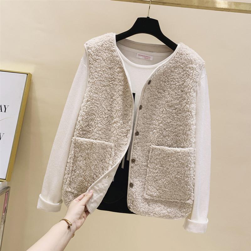 

Women's vest 2020 autumn/winter new women's small fragrance fur one-piece vest shoulder-length wearing lamb velvet horse jacket, Creamy-white