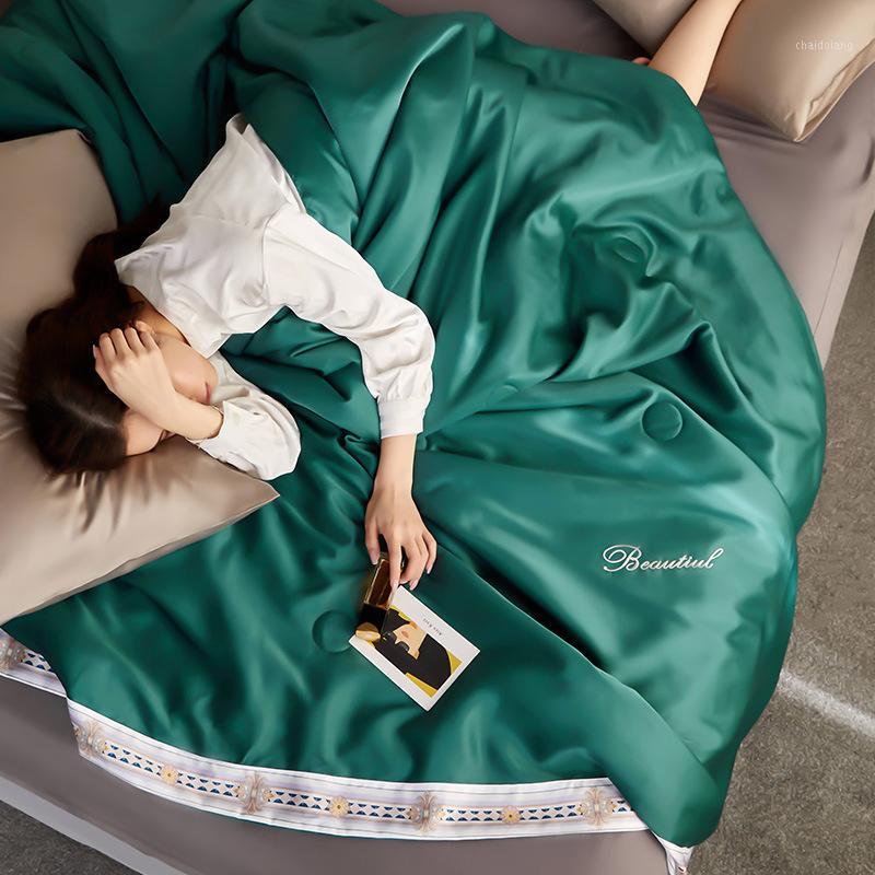 

100% Silk Comforter Summer Blanket Quilt Duvet Washable Ice soft Silk Air Conditioning Comforter Quilt Blanket1, Dark green