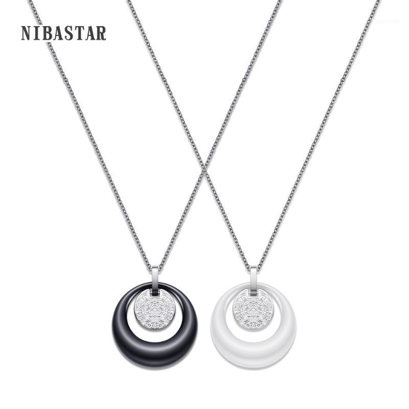 

New Fashion Double Layers Circle Ceramic Pendant Necklace With Cubic Zirconia Black and White Ceramic Necklace for Wedding1