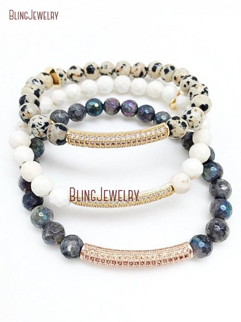 

Micro Pave Bar Zircon CZ Bar Bracelet Stacking Dalmatian Jaspers Labradorite White Turquoises Howlite Beads Bracelet BM20348