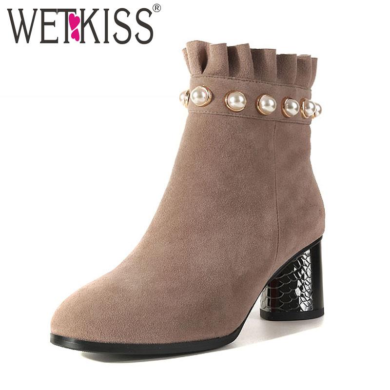 

WETKISS Kid Suede High Heels Ankle Boots Women Round Toe Winter Women Boots Warm Fashion Ladies Shoes Pearl Ruffles Footwear, Black
