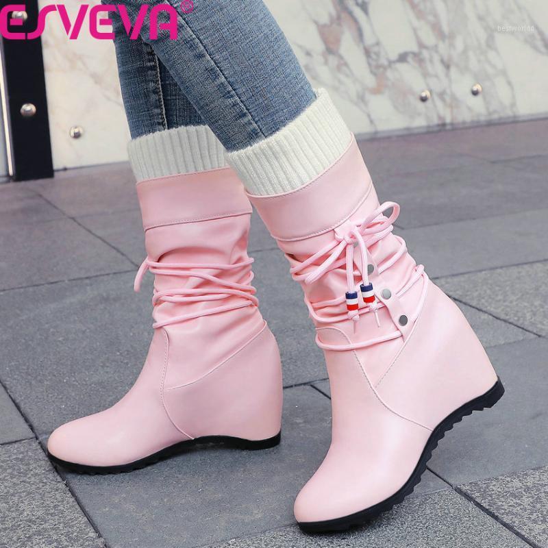 

ESVEVA 2020 Wedges Winter Warm Fur Women Shoes PU Leather Height Increasing Round Toe Lace Up Slip on Mid Calf Boots Size 34-431, Black