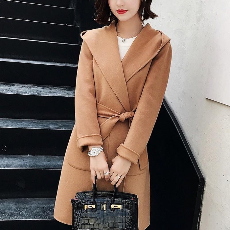 

High Quality Luxury Womens Cashmere Coat Fashion Belt Hooded Outerwear Female Elegant Slim Fit Long Sleeve Overcoats Plus Size1