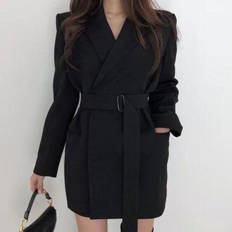 

Office Lady Solid Retro Slim Notched Strap Waist Straight Barrel Double Pocket Casual Suit Short Blazer Women, Black