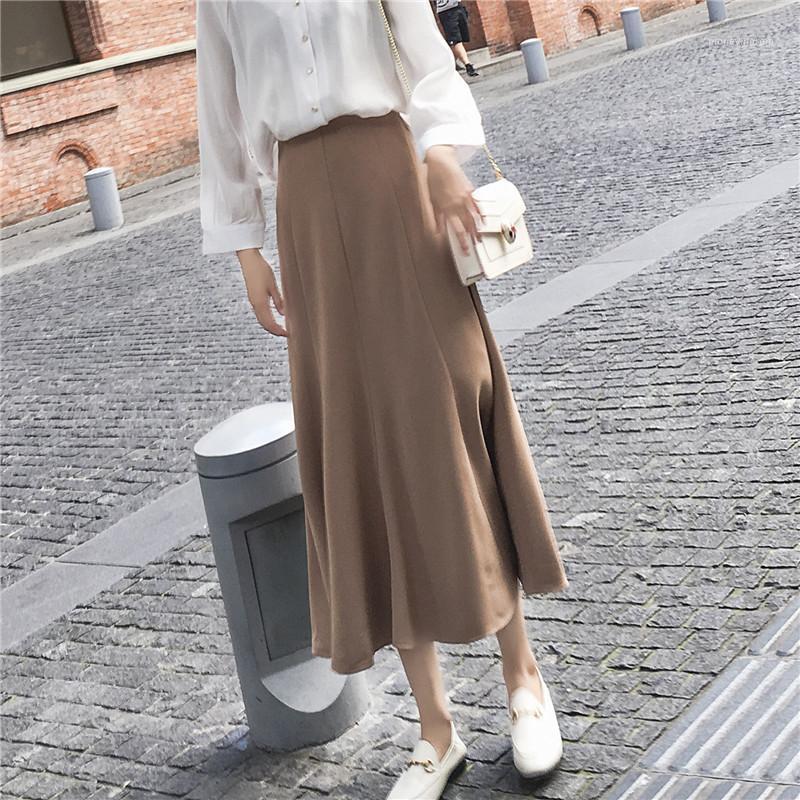 

New Spring Women Chic Mid-Calf High Waist Office Lady Autumn Elegant Solid A-Line Skirt1, Black