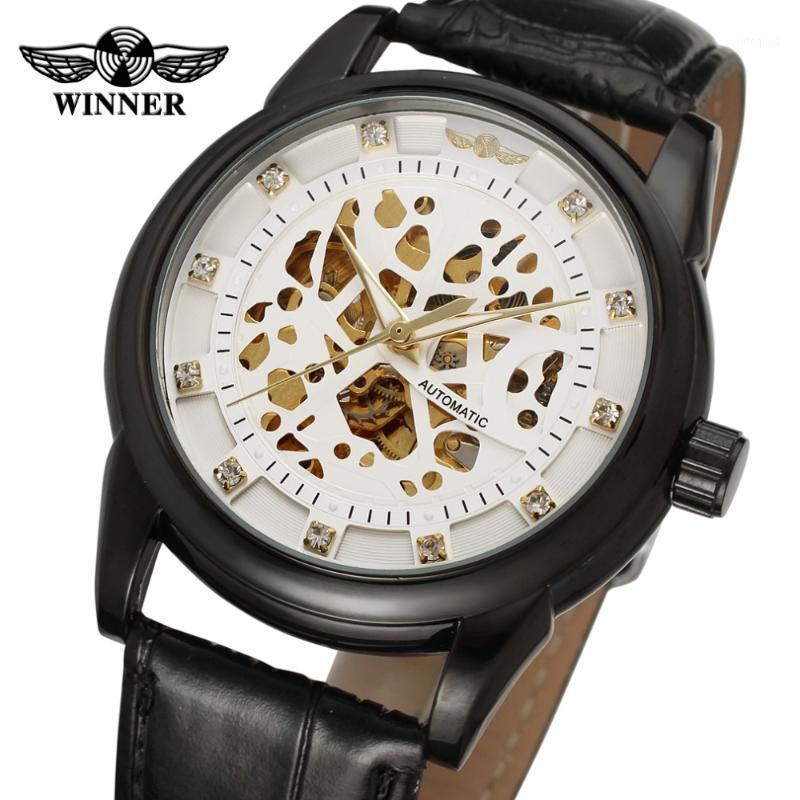 

Wristwatches High-end Men Watches 2021 Skeleton White Dial Black Bezel Genuine Leather Strap Erkek Saat WINNER Dress Wristwatch /WRG8097M3B1, Silver
