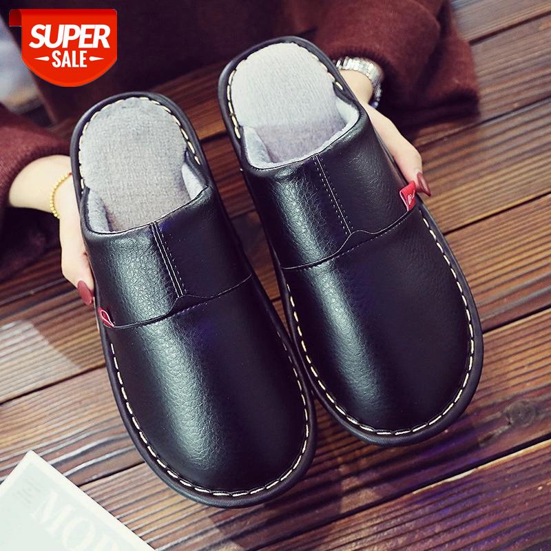 

Leather Couple Shoes Autumn Winter home slippers Man Fashion Big size indoor Waterproof Men slippers with fur soft socofy #gm1v, Black
